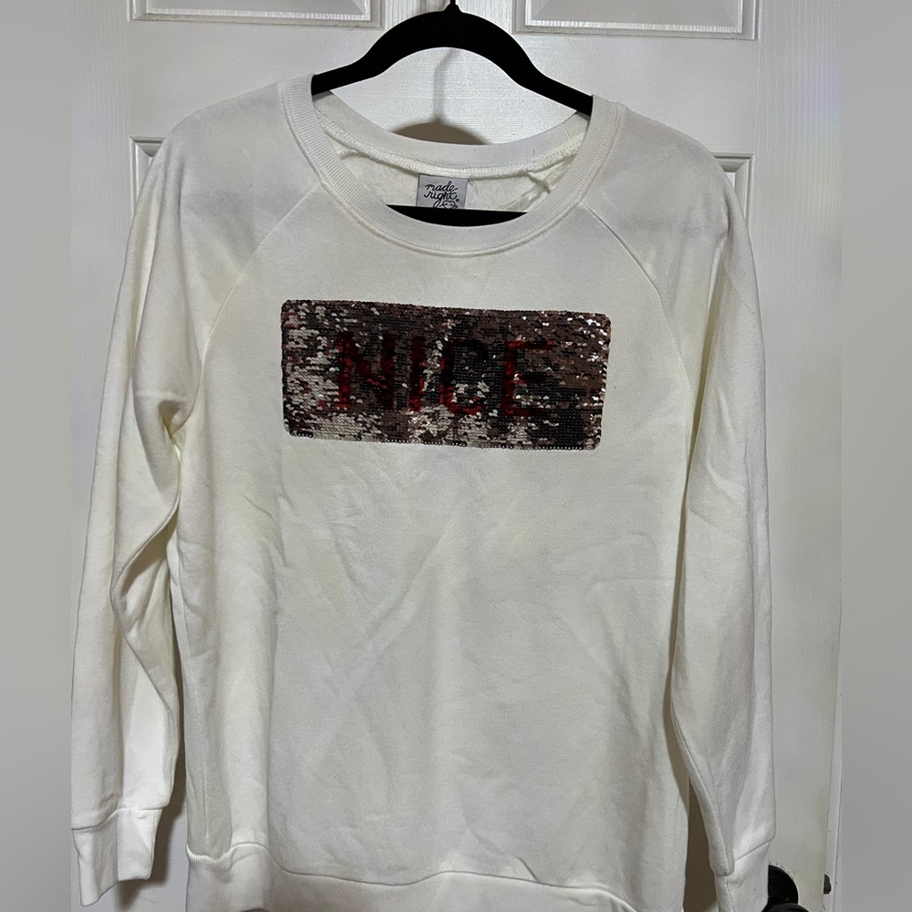 Naughty nice flip sequine white sweatshirt size Large new with tags